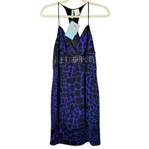 Marciano Guess Y2K Blue Black Animal Print V-Neck Cami Embellished Silk Dress L